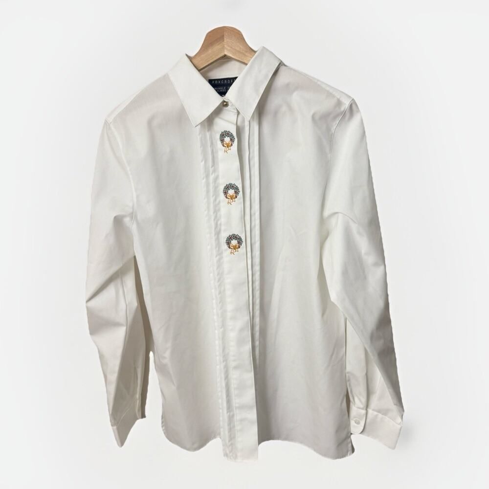 Foxcroft Top Blouse Womens 12 White Embroidered Wrinkle Free Preppy Office City